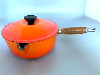 Vintage Le Creuset 20 Volcanic Orange Cast Iron Saucepan TEAK Handle 1980's • £25