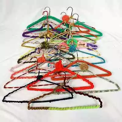 Vtg Lot Of 24 Hand Crocheted Wire Hangers Handmade Multicolor Some W/ Pom Poms • $23