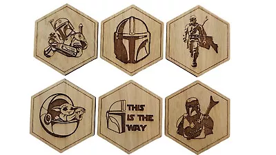 Wooden Mandalorian Inspired Hexagonal Coasters Star Wars Gift 4mm Oak Veneer. • £13.99