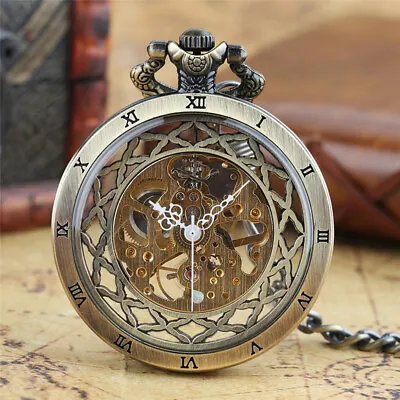 Bronze Transparent Hand Wind Mechanical Pocket Watches With Chain For Women Men • £20.22