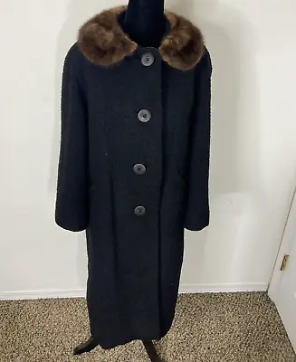 Vintage Hudsons Bay HBC Wool Coat Woman M/L Fur Collar Black Penny Lane • $85