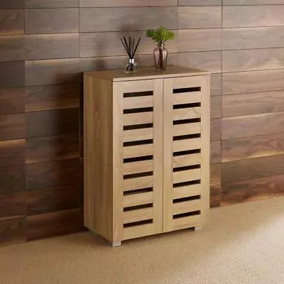 Oslo 2 Door Oak Wooden Shoe Storage Cabinet Rack Stand Cupboard Slatted Doors • £69.99