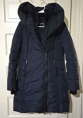 Mackage Montreal Blue Hooded Down Puffer Jacket With Leather Trim Size Small • $200