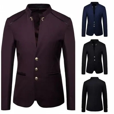 Men's Blazer Jacket Single Breasted Stand Collar Slim Fit Chinese Style Casual L • $69.14