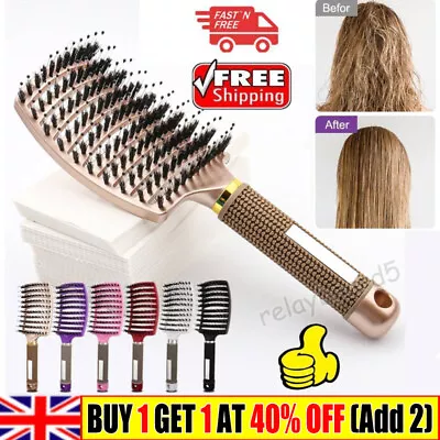 Magical Brush Detangle Detangling Natural Boar Bristle Ladies Hair Brush Curved. • £5.29