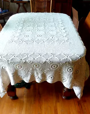 Handmade Crochet Intricate Detailed Heavy Cotton Tablecloth 64”X80”Vtg Beige • $36