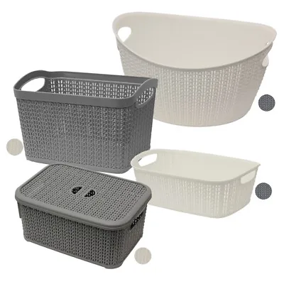 JVL Modern Knit Design Loop Plastic Linen Storage Baskets Grey Or White • £6.81