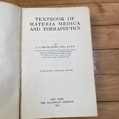 1936 Textbook Of Materia Medica And Therapeutics A.S. Blumgarten MD Hardcover • $25