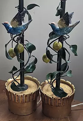 PAIR MC Lamps Painted Iron Gesso Gilt Plaster Toleware Figural Bird & Lemon Tree • $1250