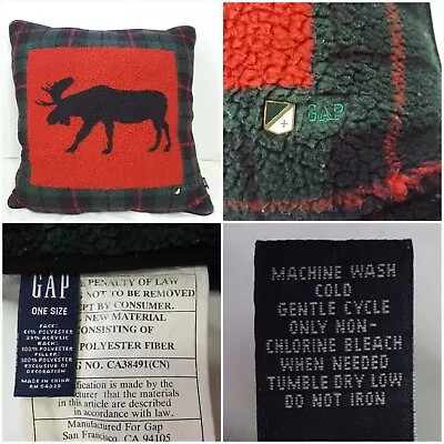 Vintage GAP Fleece Throw Pillow Green Red Plaid W/ Moose Motif & Brass Logo • $15.24