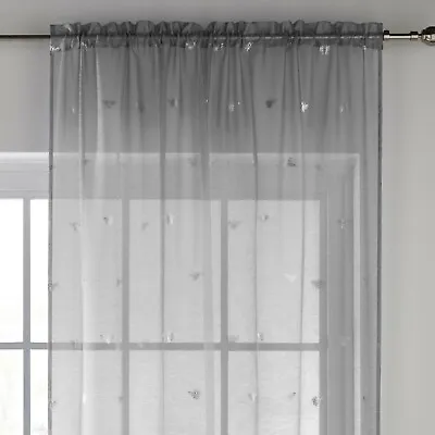 Luxury Shimmery Silver Bumble Bees Grey Voile Slot Top Window Door Curtain Panel • £11.99