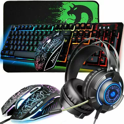 Gaming Keyboard And Mouse Headset Set Wired Rainbow LED For PC Laptop PS4 Xbox • $81.92