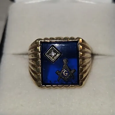 10k Gold Freemason Masonic Signet Ring With Diamond And Blue Background • $475