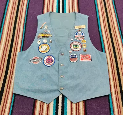 Vintage 70's Western Denim Vest Union Pacific Pins Buttons Railroad Patches Sz M • $29.99