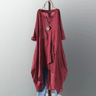$23.74 • Buy Autumn Women's Long Sleeve Shift Dress Kaftan Abaya Retro Plaid Check Midi Dress