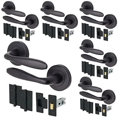 Black Internal Door Handles Round Modern Matt Black Latch Set Bundle Pack Of 6 • £52