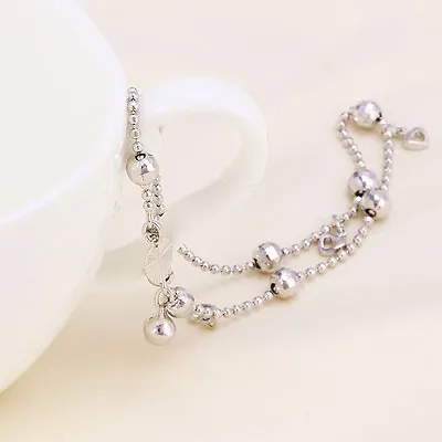 9K 9ct White Gold Plated Beaded Heart & Bell ANKLE CHAIN / ANKLET 10.6 2141 • £7.99