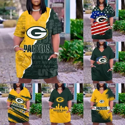 Green Bay Packers Women's Plus Size V-neck Dress Summer Casual Loose Sundress • $31.34