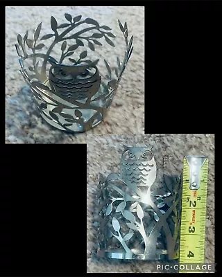 RARE Vintage BBW Bath & Body Works Owl Candle Holder Sleeve Silver Metal Leaves • $8.95