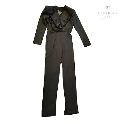 Pretty Little Thing Jumpsuit Tall Size 10 Black Long Sleeve Shoulder Pads BNWT • £17.95