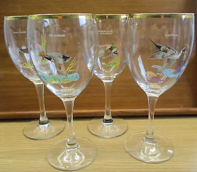 Vtg Duck Wine Glasses Set 4 Ned Smith Mallard Redhead Widgeon Pintail Gold Rim • $48