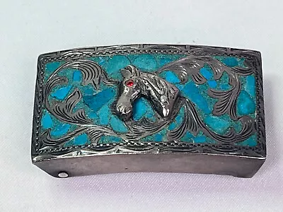 Vintage Silver Inlayed Turquoise Horse Belt Buckle Mexico • $59.99