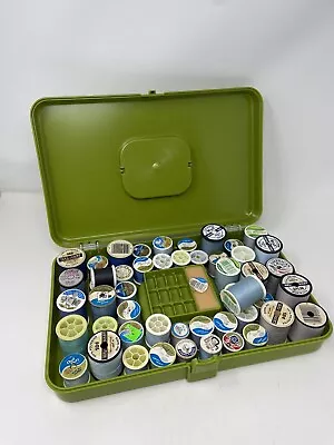 Vintage Green Sewing Thread Holder 12x8 Plastic Case  W/ Lid 49 Blue Spools • $14