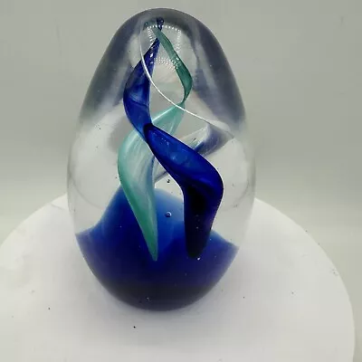Glass Egg Shape Blue Green White Swirl Paperweight Sculpture Murano Style • $27.99