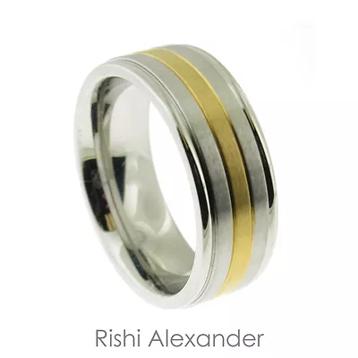 Stainless Steel High Polished Rounded Edges Gold Center Mens Wedding Band Ring • $11.99