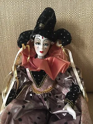 VINTAGE 18  Harlequin Mardi Gras Jester Clown Porcelain Doll Pink Purple Dots • $49.99