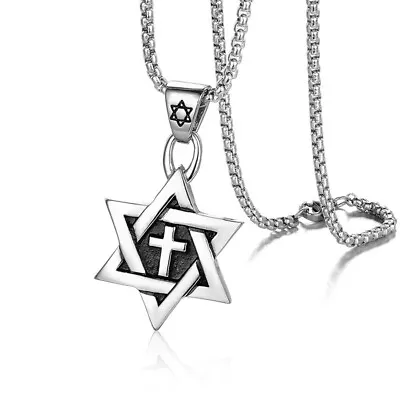 Jewish Star Of David Messianic Cross Pendant Necklace Stainless Steel Chain 24  • $11.99