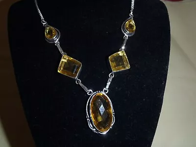 Vintage Sterling Silver Simulated Citrine Stone Drop Pendant Necklace 32g. • $64.99