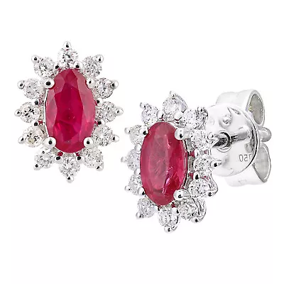 18ct White Gold Jewelco London 1/4ct Diamond Oval Ruby Cluster Stud Earrings • £596.99