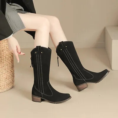 Women's Chunky Heel Vintage Suede Cowboy Knee High Boots Back Zip Mid Calf Boots • $93.49