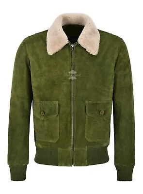 Men Bomber Suede Jacket Olive Fur Collar PILOT TOP GUN Leather Jacket • £129.72