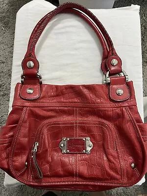 B.Makowsky Red Leather Croc Embossed Large Boho Shoulder Handbag Purse NWOT • $64.99