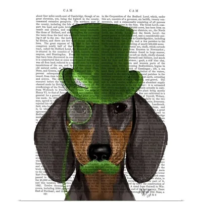 Dachshund With Green Top Hat Black Tan Poster Art Print Dog Home Decor • £43.38