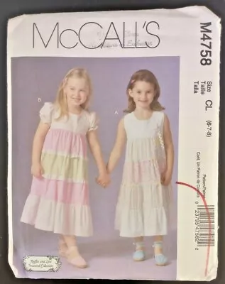 McCalls Pattern M4758 Children's Girls' Dresses Empire Waist Tiered 6-7-8 UC • $7.99