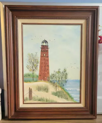 Vintage Lighthouse Seaside Gulls Painting Signed Acrylic On Wood Board Framed • $49.99