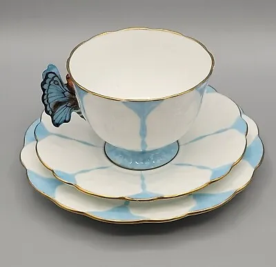 RARE ART DECO AYNSLEY BLUE BUTTERFLY HANDLE TEA  CUP & SAUCER  Trio 1930's C • £500