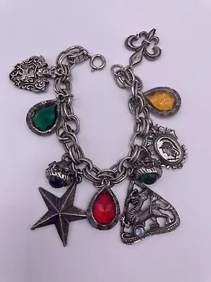 Vintage Etruscan Victorian Revival Chunky Multicolor Silver Tone Charm Bracelet • $45