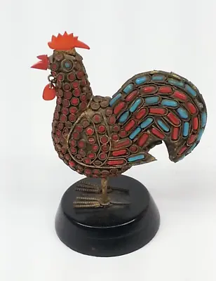 Vintage Filagree Micro Mosaic Goldtone Metal On Stand Rooster Figurine • $14.99