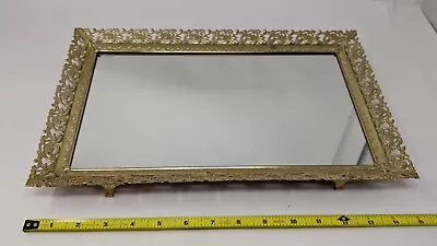 Vanity Tray Mirror Vintage Ornate Footed Gold Tone Metal Framed Rectangle 14x9 • $24.95