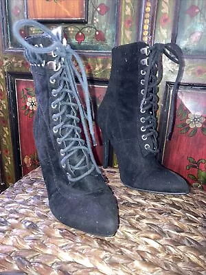 Kendall + Kylie  Ankle Boots Black Faux Suede Stiletto High Heel  Edgy Laced 6 M • $24