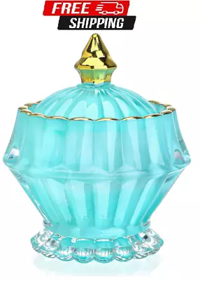 Blue Vintage Glass Jewelry BoxCrystal Candy Jar With LidCandy Dishes Decorativ • $19.80