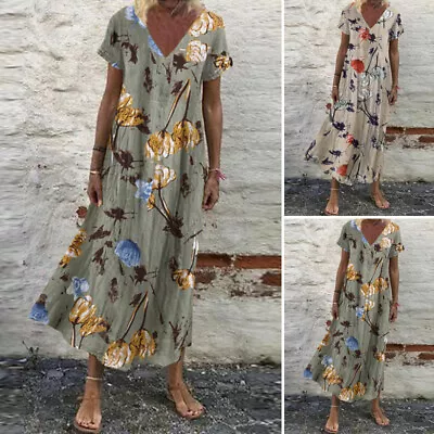 ZANZEA Womens Summer Vintage Floral Printed Short Sleeve Beach Flare Long Dress • $18.62