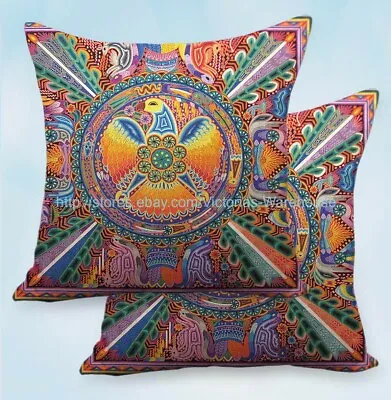 Set Of 2 Wixaritari Indigenous Mexican Folk Art Inspired Cushion Covers • $25.95