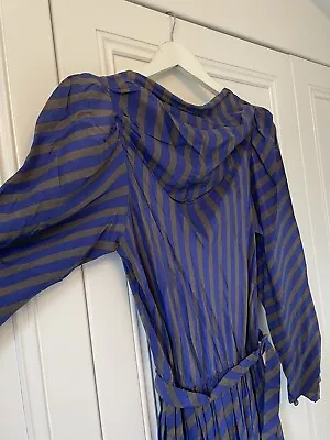 Gorgeous 1980s Vintage Blue & Grey Striped Silk Day Dress Size 10 • $35