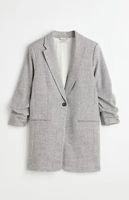 H&M Gathered Sleeve Jacket Gray Grey Melange Long Oversized Blazer Size Small S • $45