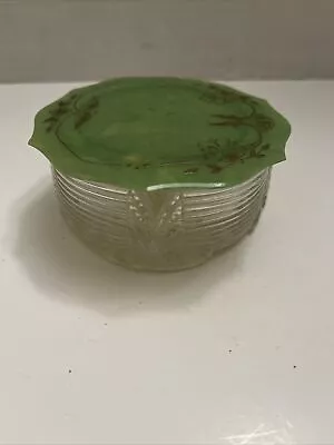 Vintage Ribbed W Plume Pressed Glass Manhattan Deco Powder Bowl And Salt Cellar • $18.95